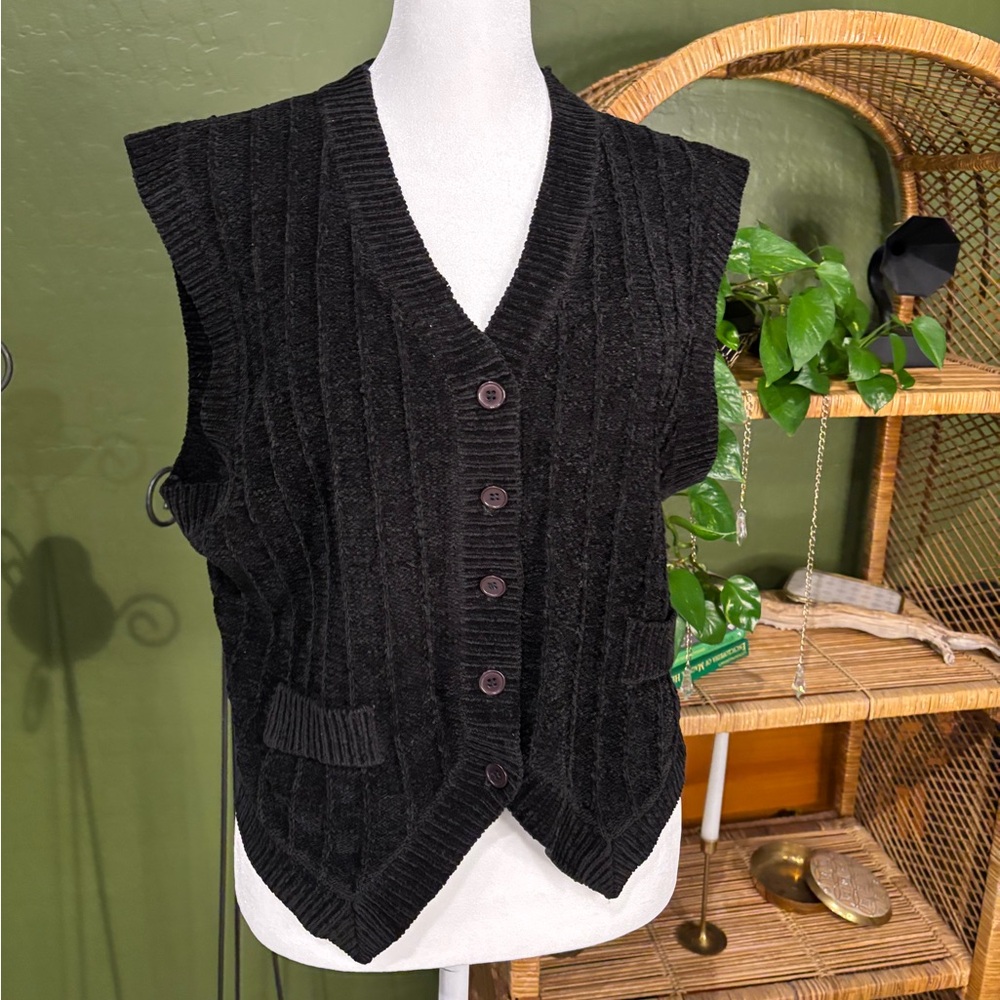 Vintage Black Chenille Knit Button Up V Neck Vest - Picture 2 of 4